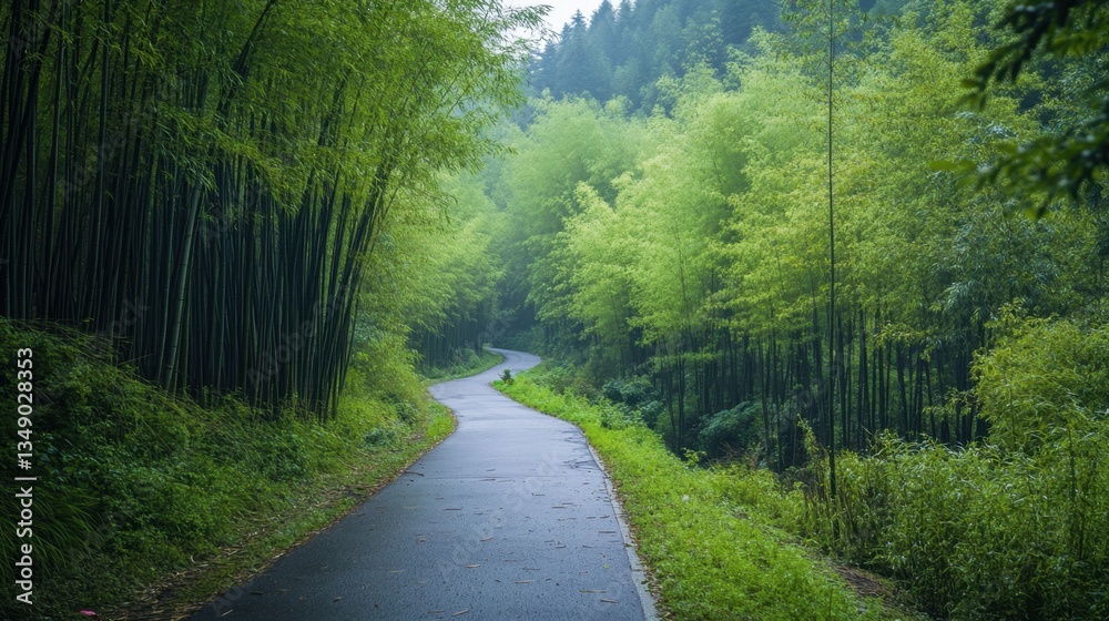 Obraz premium A narrow asphalt road meandering through a dense bamboo forest
