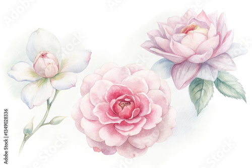 Watercolor Roses, Ranunculus, Hibiscus Floral Illustration Design