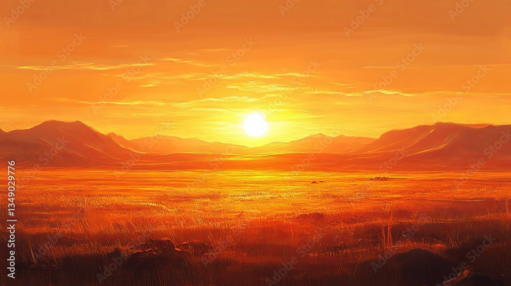 Obraz premium A vibrant sunset illuminating the vast open landscape with mountains