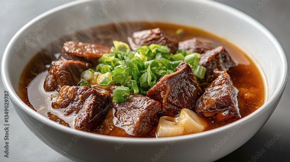 Steaming bowl of delicious beef stew with green garnish Steaming bowl of delicious beef stew with green garnish