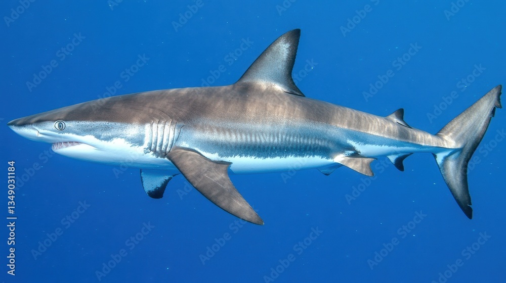 Fototapeta premium A shark passing through a sunbeam underwater, its body highlighted against the deep blue
