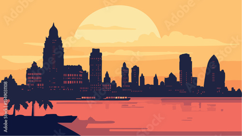 Mumbai Skyline at Dusk- A Stunning Vector Illustration .eps