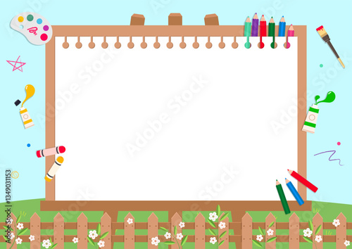 A garden decorated with easels and art supplies to draw your imagination on nature, plants and green hills. Vector illustration. Background illustration design.