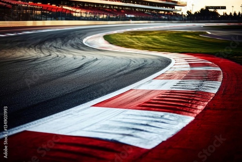 An empty motorsport asphalt race track lies ready for action.
