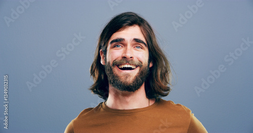Vászonkép Laughing, joke and portrait of man in studio for comic, funny and silly with mockup space