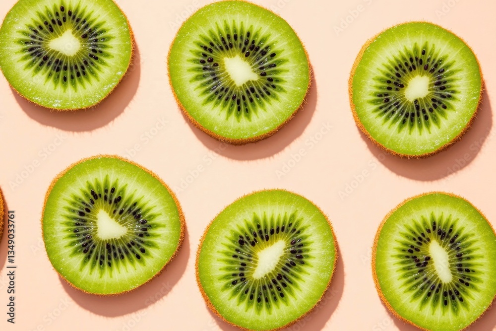 Bright kiwi slices arranged harmoniously on pastel background sh Bright kiwi slices arranged harmoniously on pastel background sh