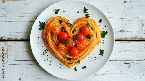 Heart shaped pasta with tomatoes and garnished with parsley