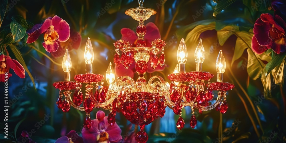 Obraz premium A red chandelier with a lot of lights hanging from it. The chandelier is surrounded by flowers