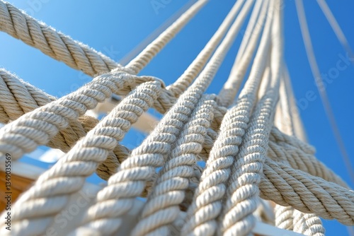 Ropes on a boat against a clear blue sky creating an intricate pattern and texture for sailing enthusiasts