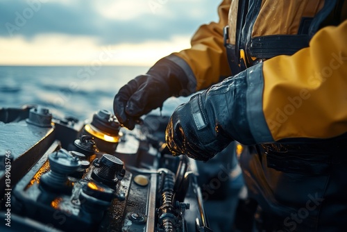 Crew member operates controls on a boat during sunset, ensuring safe navigation through calm waters
