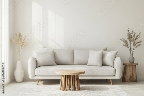 Modern minimalist living room with light beige couch, wooden coffee table, and boho accents.  Use Interior design inspiration