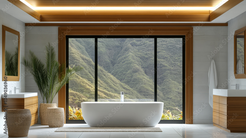 Elegant modern bathroom with mountain view and natural elements Elegant modern bathroom with mountain view and natural elements