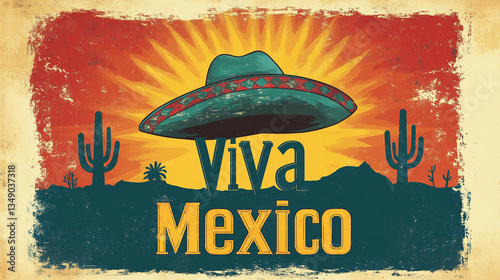 Wallpaper Mural Vintage "Viva Mexico" poster with a classic Mexican sombrero, distressed textures, warm earthy tones, a stylized desert landscape with cacti, bold retro typography, ultra HD, print-ready Torontodigital.ca