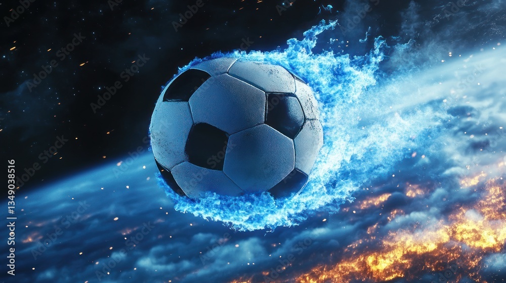 Fototapeta premium Fiery soccer ball soaring above Earth.