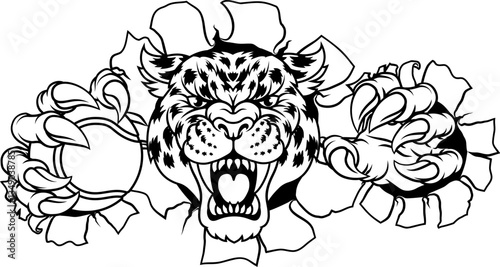 A jaguar, panther, leopard or cheetah wildcat spotted cat tennis sports team mascot holding a ball