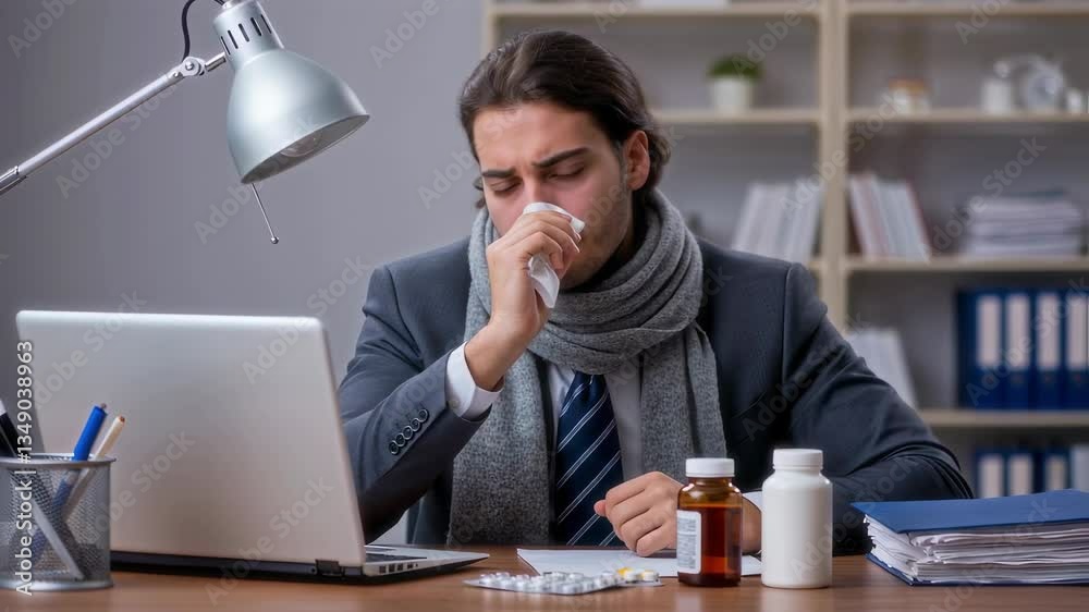 A sick businessman sneezes into a tissue while working at his desk, surrounded by medicine bottles and paperwork. His tired expression highlights workplace illness and exhaustion  