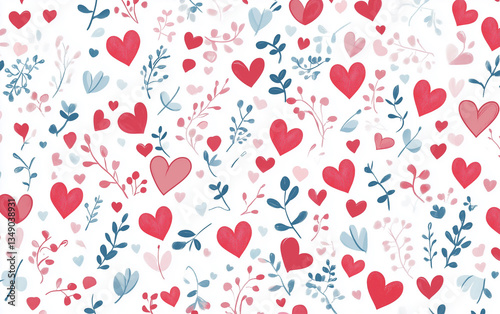Red Hearts and Blue Leaves Seamless Pattern on White Background for Valentine's Day