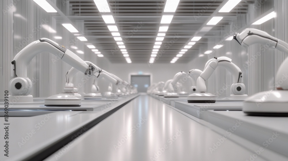 Obraz premium White Minimalist Automated Assembly Line in Modern Factory Setting