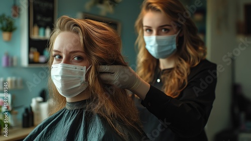 Hair stylist wearing mask to ensure health safety while cutting hair.