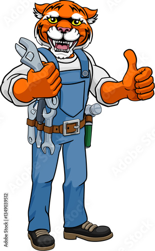 A tiger cartoon animal mascot plumber, mechanic or handyman builder construction maintenance contractor holding a spanner or wrench and giving a thumbs up