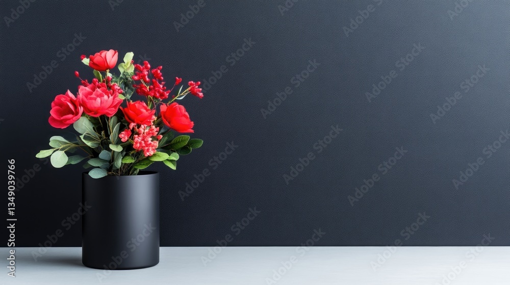 Fototapeta premium Red flowers in a black vase against a dark background