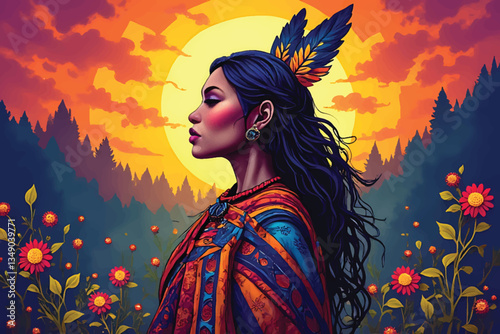 Concept of elegant princese of American native red indian, Vert beautiful warn tone printing art for decorate. elegant, fairy, wallpaper, art work, backdround, image, flower, people, enlightenment.