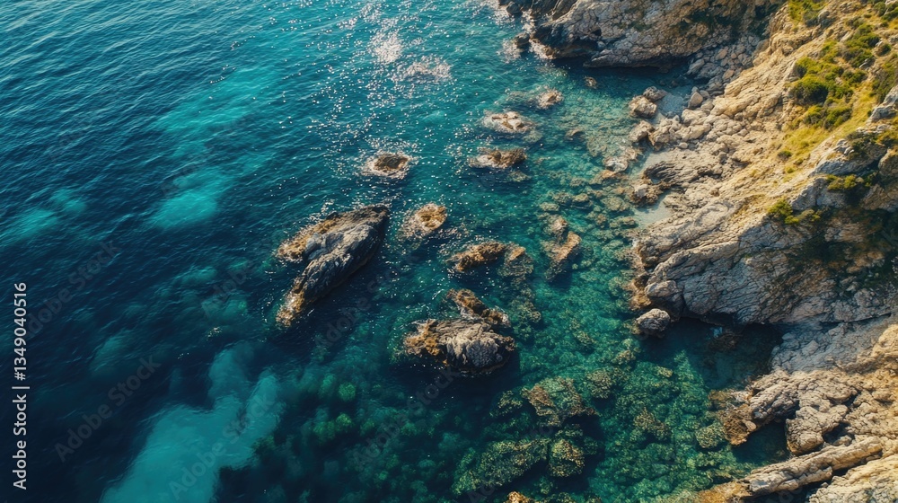 Fototapeta premium Rocky coastline with blue water and clear visibility of underwater life.