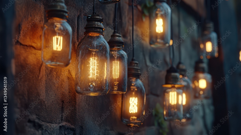 Fototapeta premium Rustic mason jar lights illuminate stone wall backdrop, outdoor event