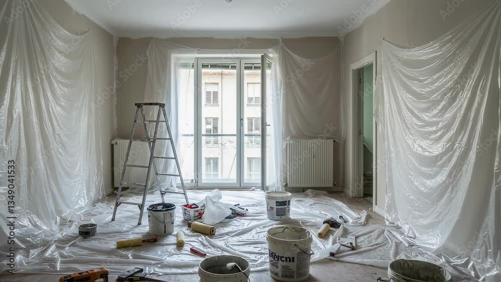 A partially renovated room with plastic covers, paint buckets, and tools scattered across the floor. The unfinished walls and ladder suggest ongoing home improvement