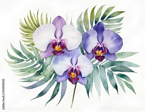 Orchid Flowers with Purple Blooms and Lush Green Leaves