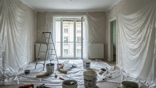 A partially renovated room with plastic covers, paint buckets, and tools scattered across the floor. The unfinished walls and ladder suggest ongoing home improvement