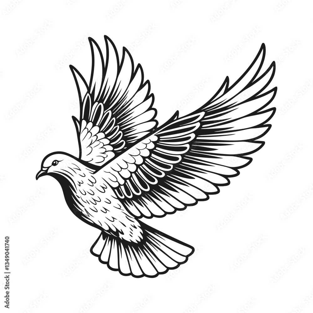 Obraz premium Dove vector illustration, hand drawn style, detailed vector, monochrome design, isolated on a white background