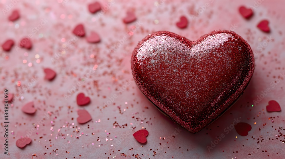 Fototapeta premium A red heart gift box on pink, with glitter confetti, a festive scene.