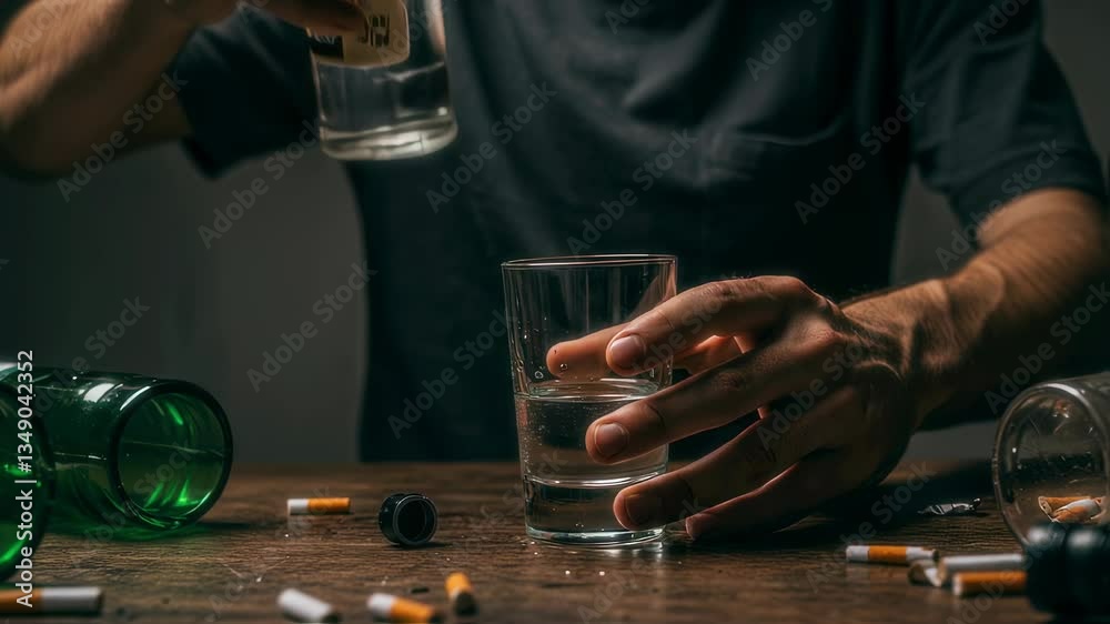 A man’s hands pour clear alcohol into a glass, surrounded by cigarettes and empty bottles. The scene conveys themes of excess, addiction, and self-destruction
