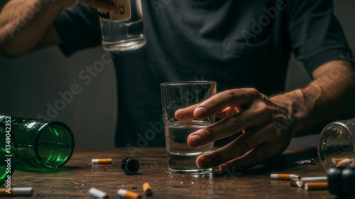 A man’s hands pour clear alcohol into a glass, surrounded by cigarettes and empty bottles. The scene conveys themes of excess, addiction, and self-destruction