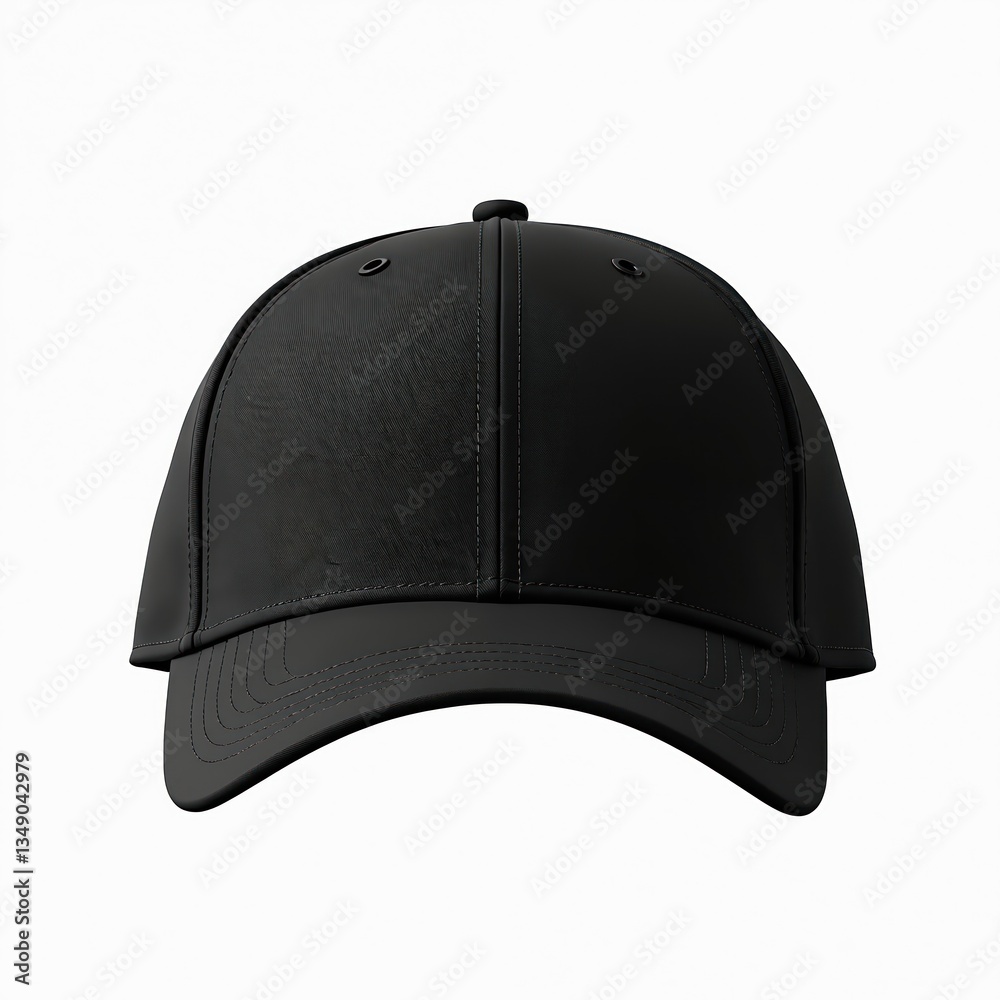 Fototapeta premium Blank black baseball cap mockup isolated on white background. Empty baseball hat template for design. Front view of headwear fashion accessory. Casual clothing wear with copy space for advertising.