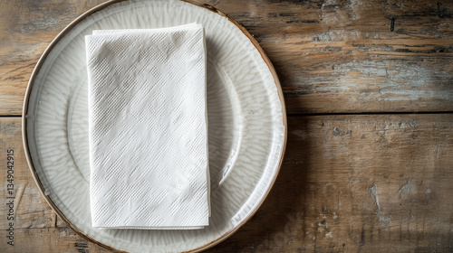 White textured paper napkin on a textured ceramic plate, top view for elegant table setting, empty plate on wooden table. 