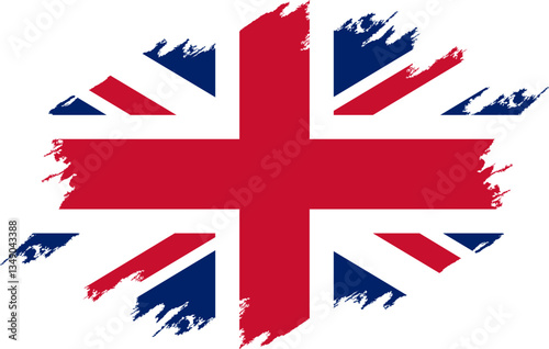 Damaged Great Britain flag. Flag Great Britain with grunge texture. Independence Day. Banner, poster template. National flag Great Britain with coat arms. State flag Great Britain is drawn in ink. UK.