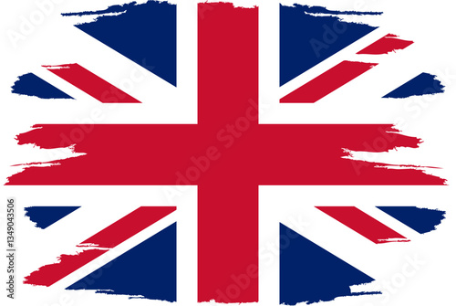 Distressed flag Great Britain. Great Britain flag with grunge texture. Independence Day. Banner, poster template. State flag Great Britain with coat arms. Brush drawn flag Republic Great Britain. UK.