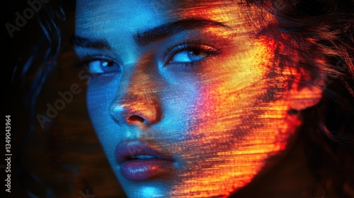 A woman's face is shown in a distorted, colorful way. The image has a surreal, dreamlike quality to it, with the woman's features appearing to be warped and stretched out. The colors are bright
