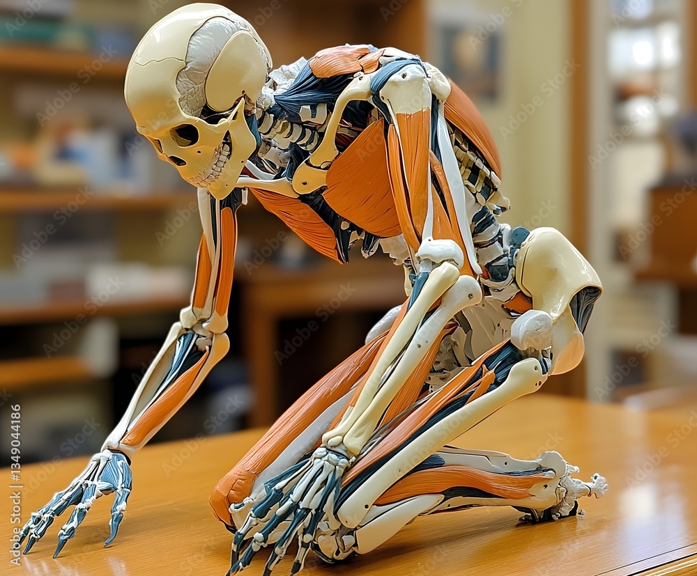 Fototapeta premium Skeleton Anatomy Study: A detailed anatomical model of a human skeleton, showcasing the intricate structure of bones, muscles, and ligaments.