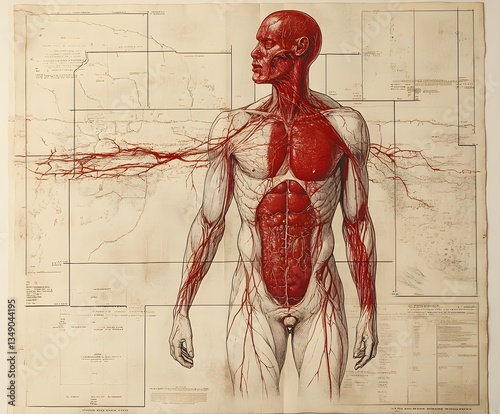 Anatomical Exploration: A detailed medical illustration of the human body's internal structure, showcasing the intricate network of blood vessels, organs.