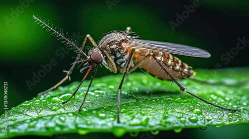 Close-up of a mosquito resting on a dew-covered leaf photo