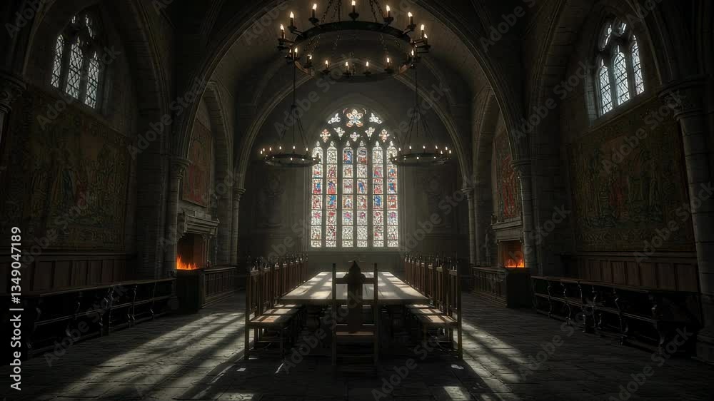 Grand medieval-style dining hall with gothic architecture, large chandeliers, and stained glass windows. Wooden tables and candlelit ambiance evoke a historic and majestic setting