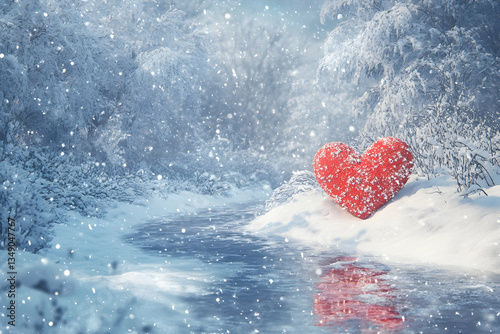 Valentinea??s postcard with a heart design in a snowy setting and space for text