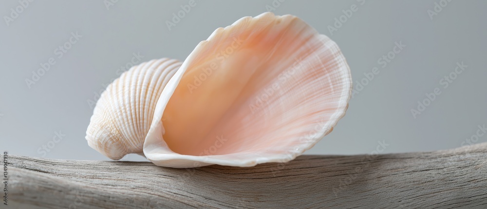 Close-up of a seashell resting on a piece of driftwood. the shell is a light pink color with a scalloped edge and a smooth texture. Close-up of a seashell resting on a piece of driftwood. the shell is a light pink color with a scalloped edge and a smooth texture.