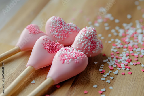 Valentine-themed cake pops decorated with heart sprinkles