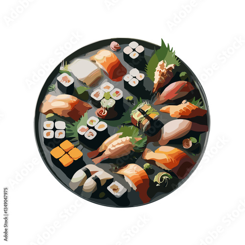 Beautifully arranged sushi platter with various types of sushi and garnishes on dark background + concept