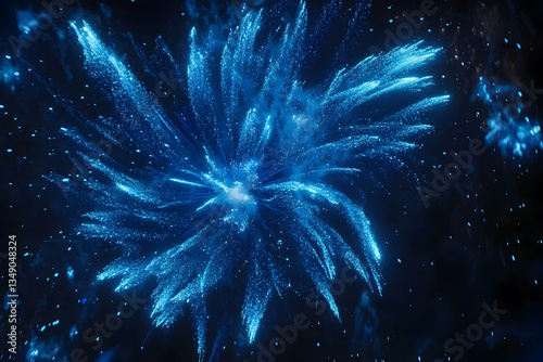 Vibrant blue holiday fireworks lighting up a dark night sky in a festive celebration