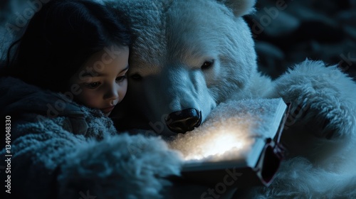 A child and teddy bear share a magical book